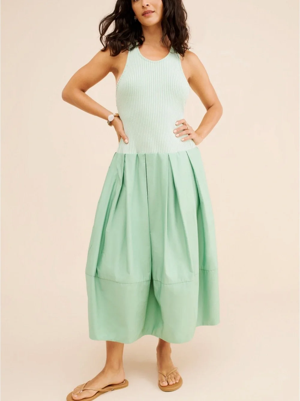 Mint Green Sleeveless Rib Bodice Midi Dress - Drops of Venus